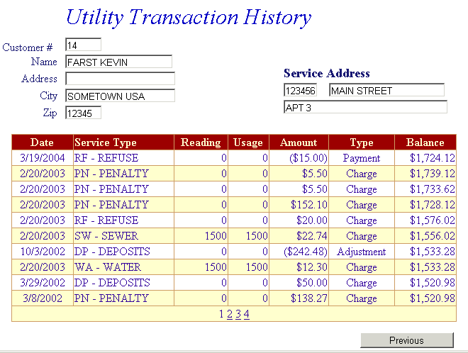 Transaction history example screen